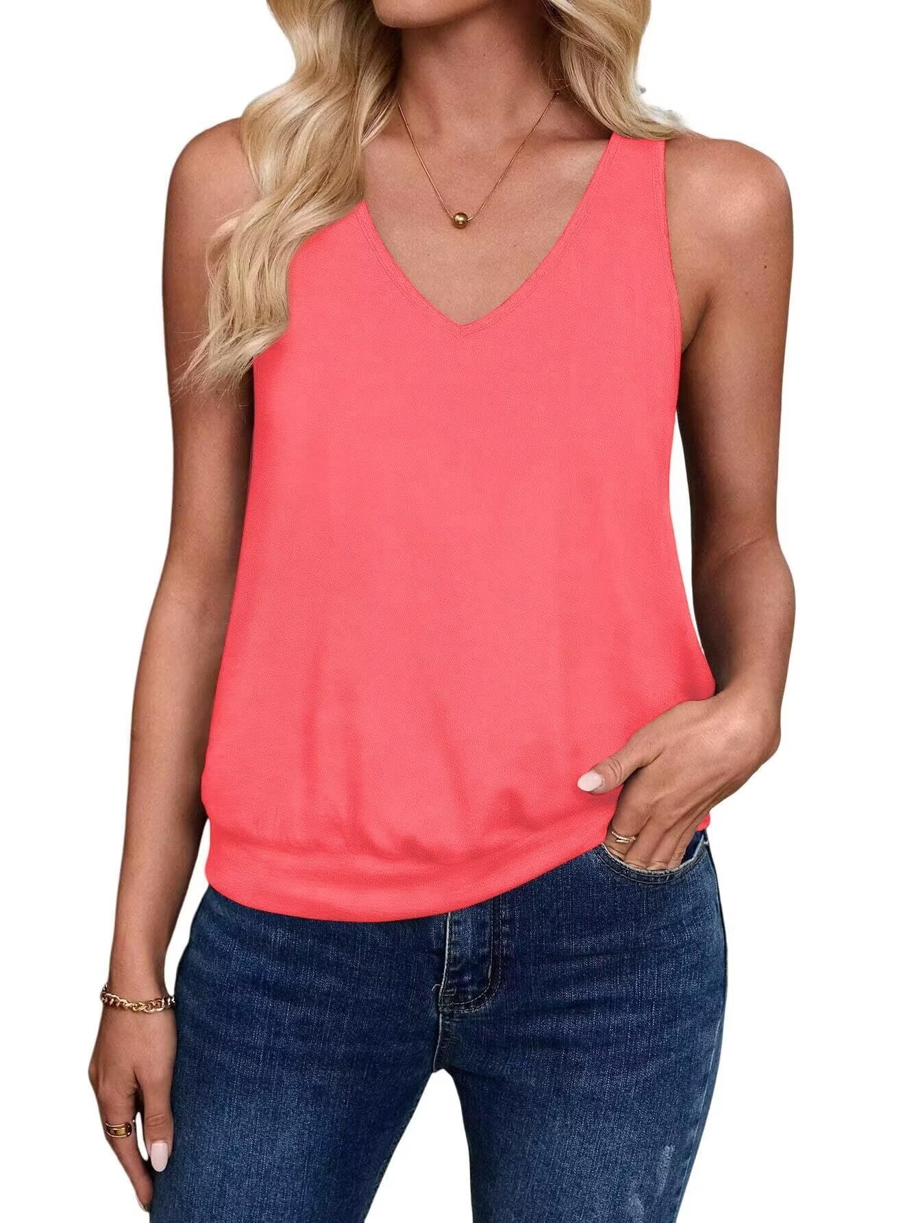 Neon Hot Pink-Women's Vest Casual V Neck Sleeveless Fashion Loose Camisole