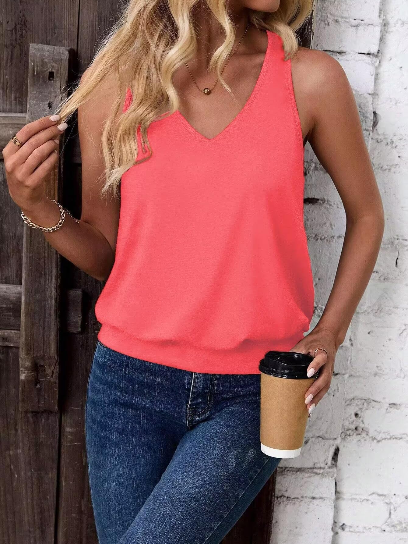 Neon Hot Pink-Women's Vest Casual V Neck Sleeveless Fashion Loose Camisole