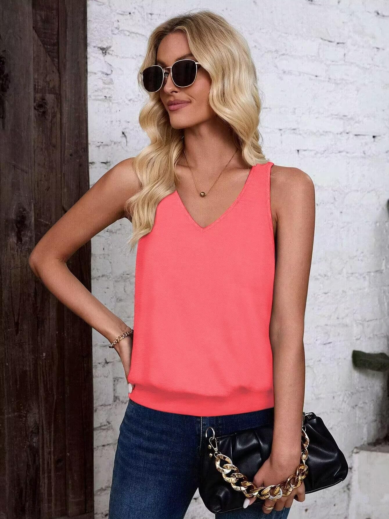 Neon Hot Pink-Women's Vest Casual V Neck Sleeveless Fashion Loose Camisole
