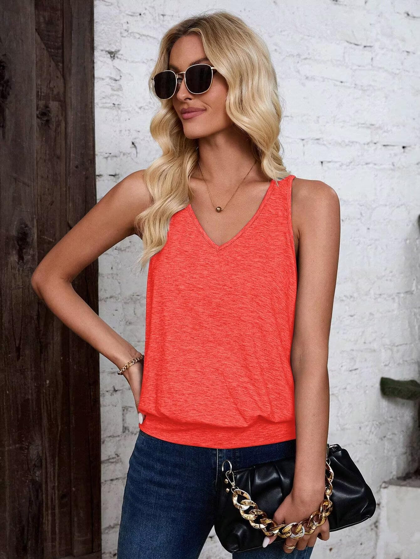 Neon Orange Red-Women's Vest Casual V Neck Sleeveless Fashion Loose Camisole