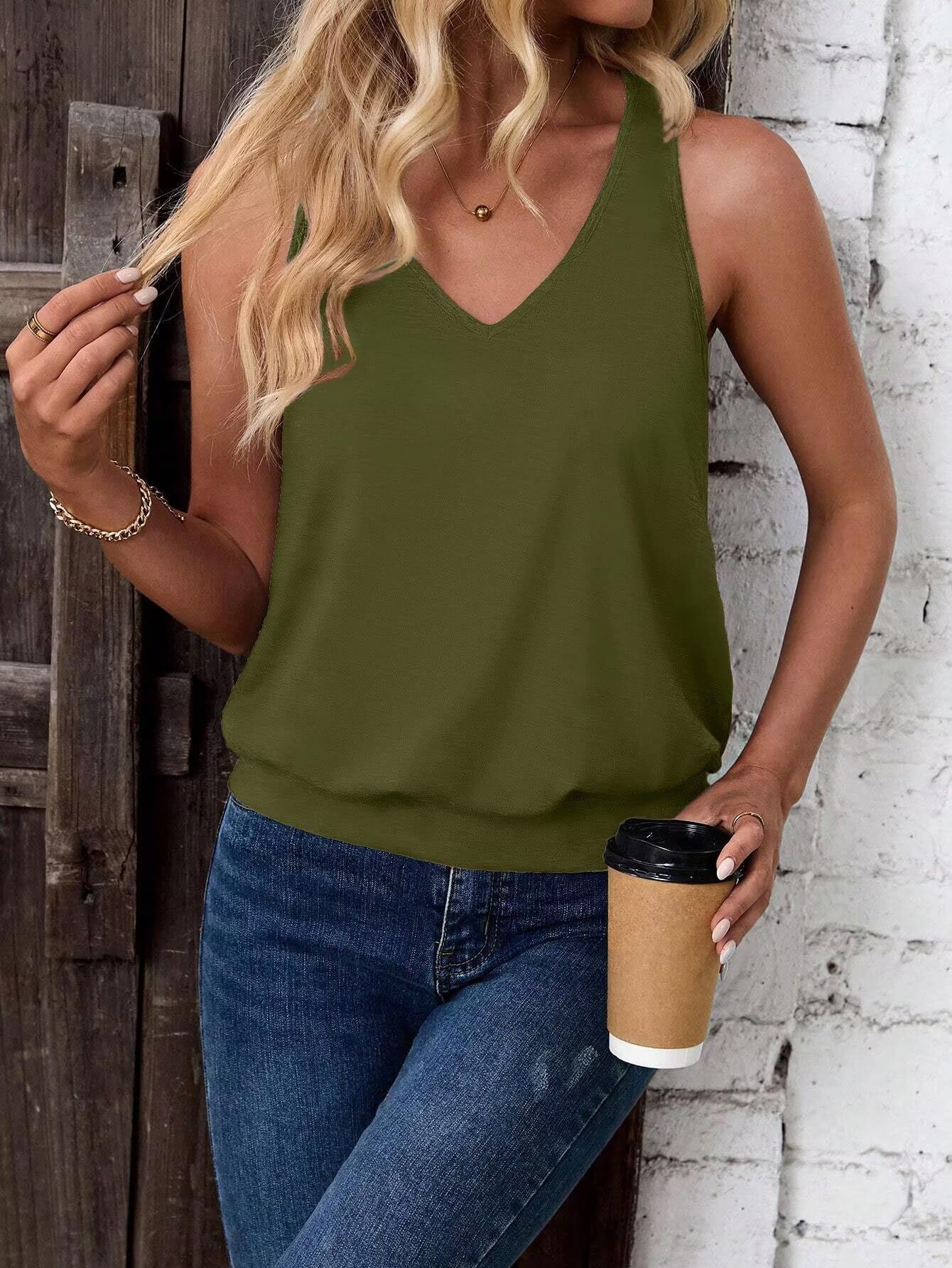 Olive-Women's Vest Casual V Neck Sleeveless Fashion Loose Camisole