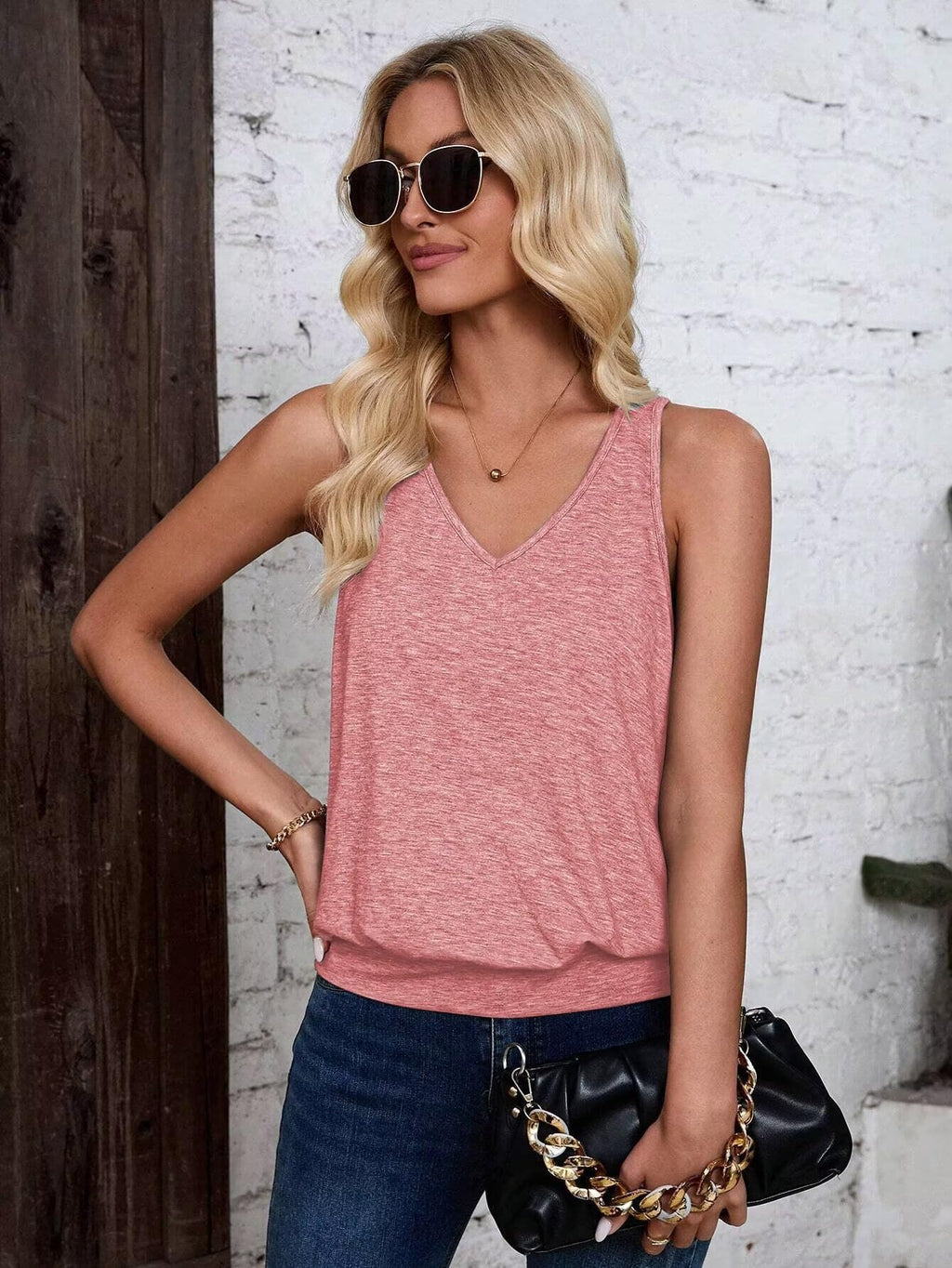 Pink-Women's Vest Casual V Neck Sleeveless Fashion Loose Camisole