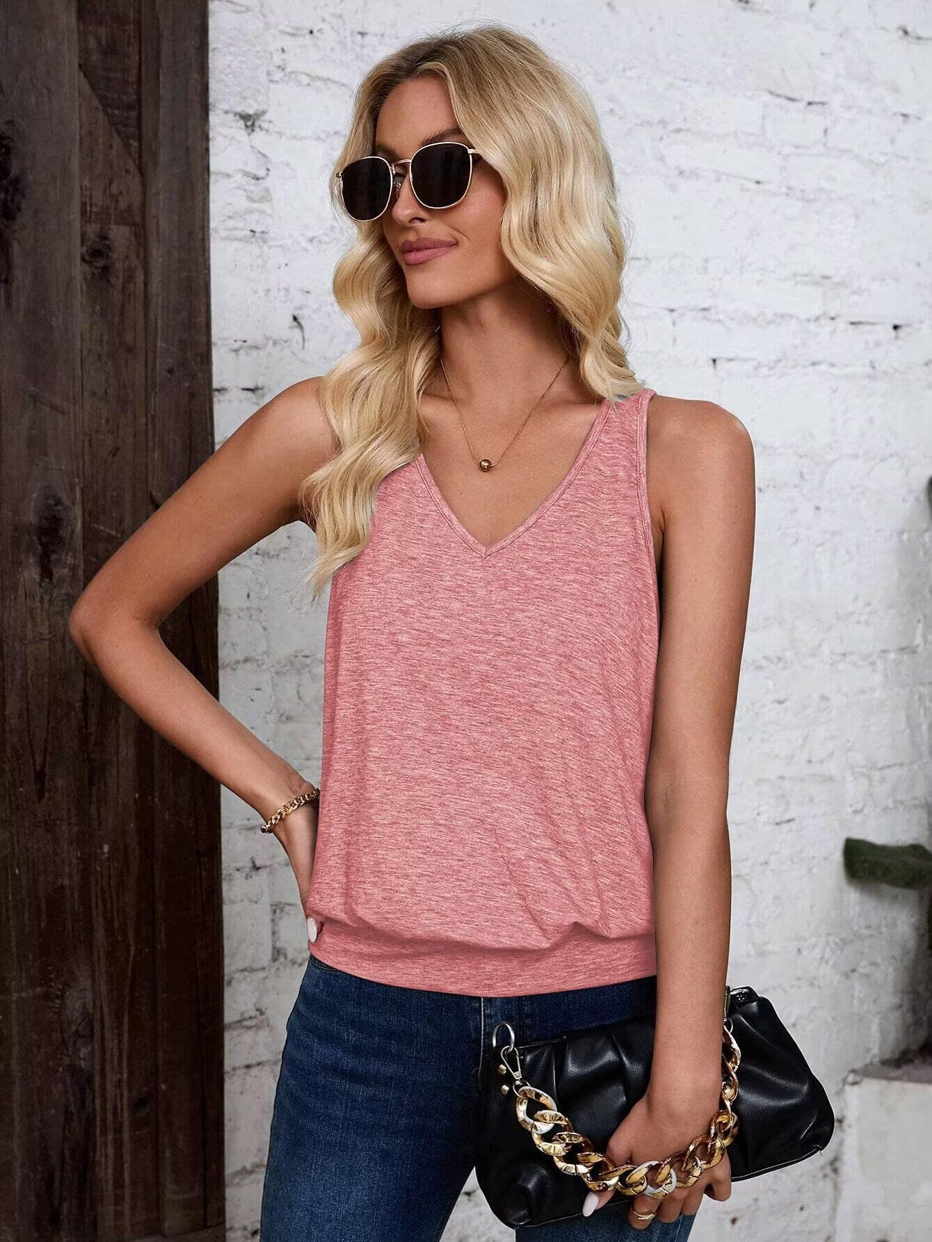 Pink-Women's Vest Casual V Neck Sleeveless Fashion Loose Camisole