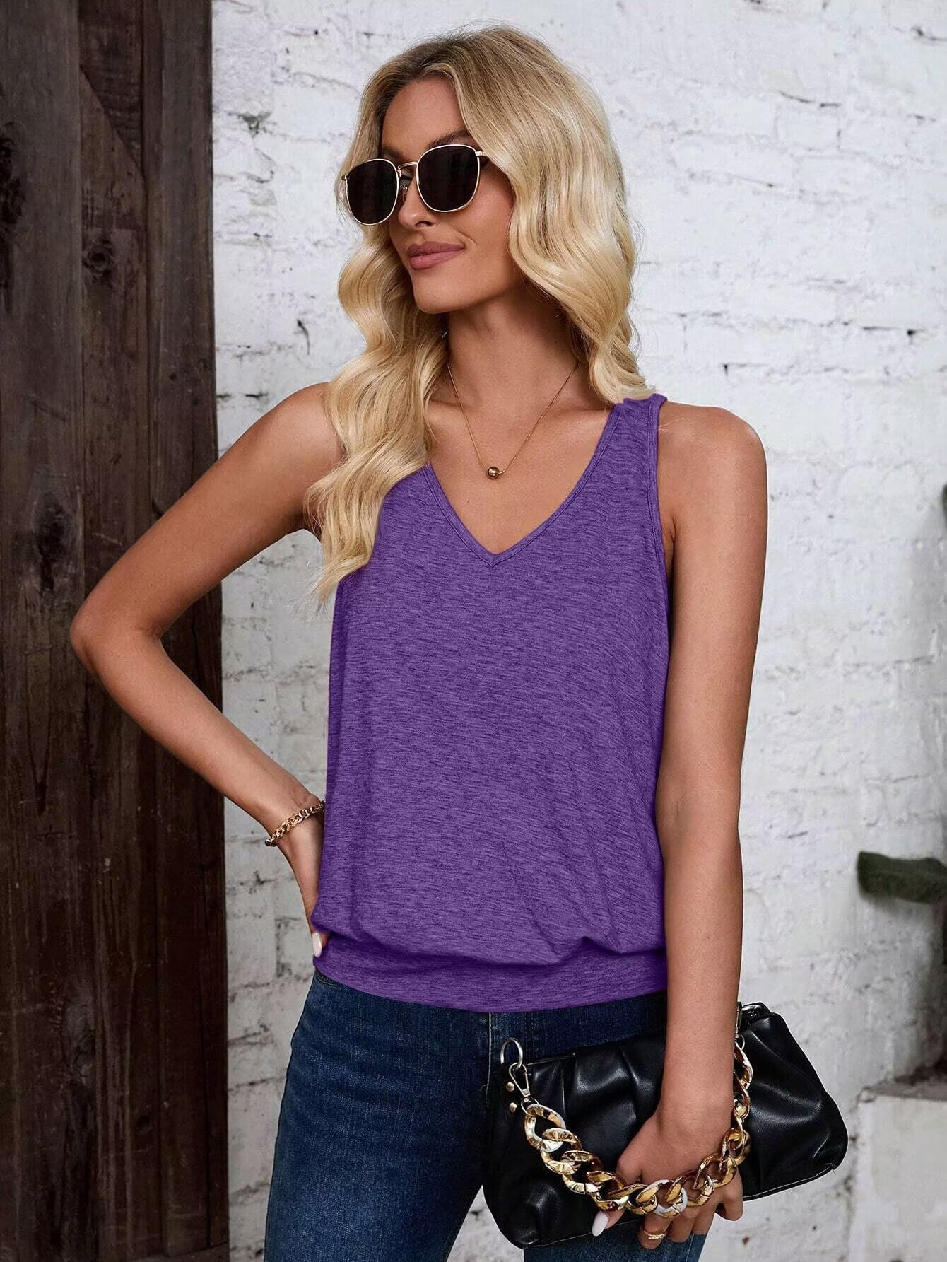 Purple-Women's Vest Casual V Neck Sleeveless Fashion Loose Camisole
