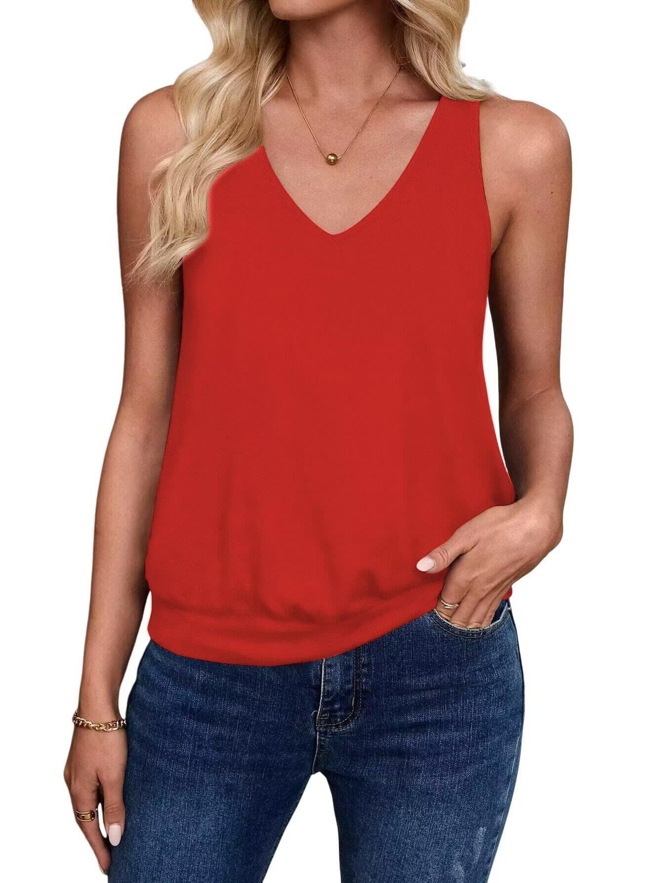 Red-Women's Vest Casual V Neck Sleeveless Fashion Loose Camisole