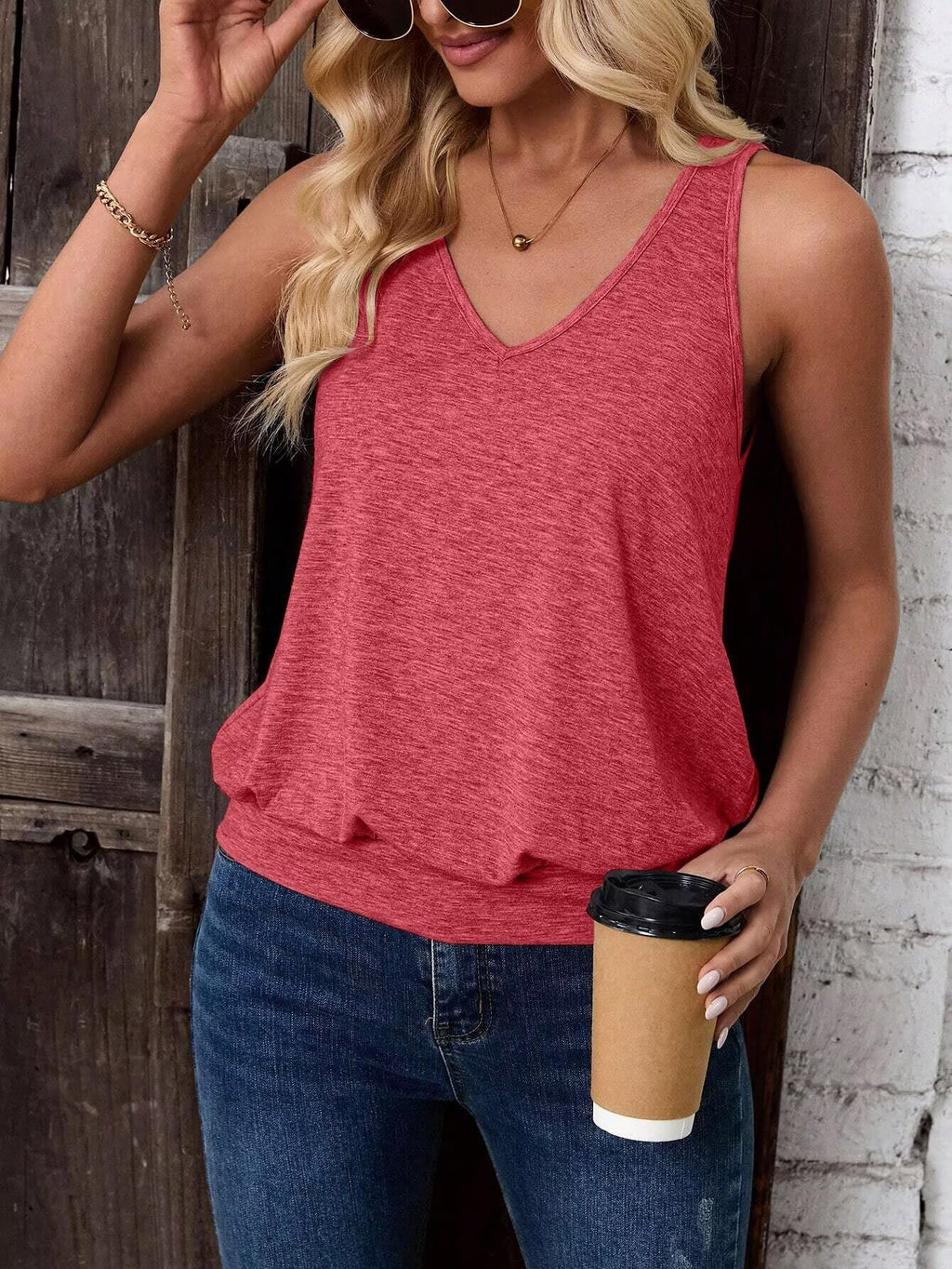 Rose Red-Women's Vest Casual V Neck Sleeveless Fashion Loose Camisole