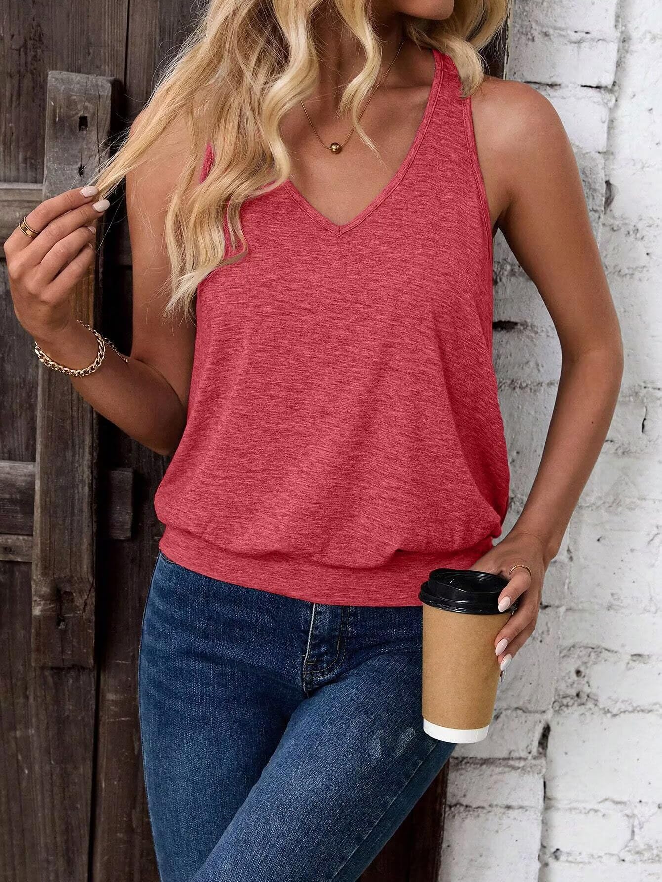 Rose Red-Women's Vest Casual V Neck Sleeveless Fashion Loose Camisole