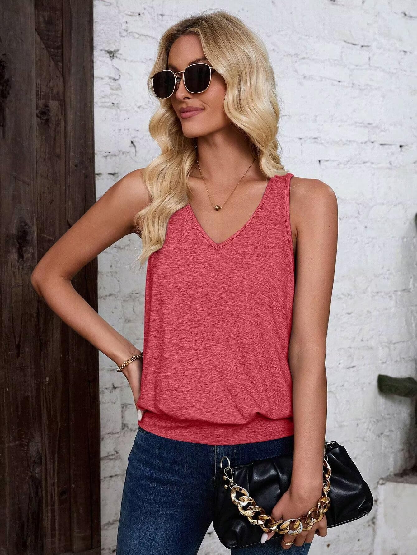 Rose Red-Women's Vest Casual V Neck Sleeveless Fashion Loose Camisole