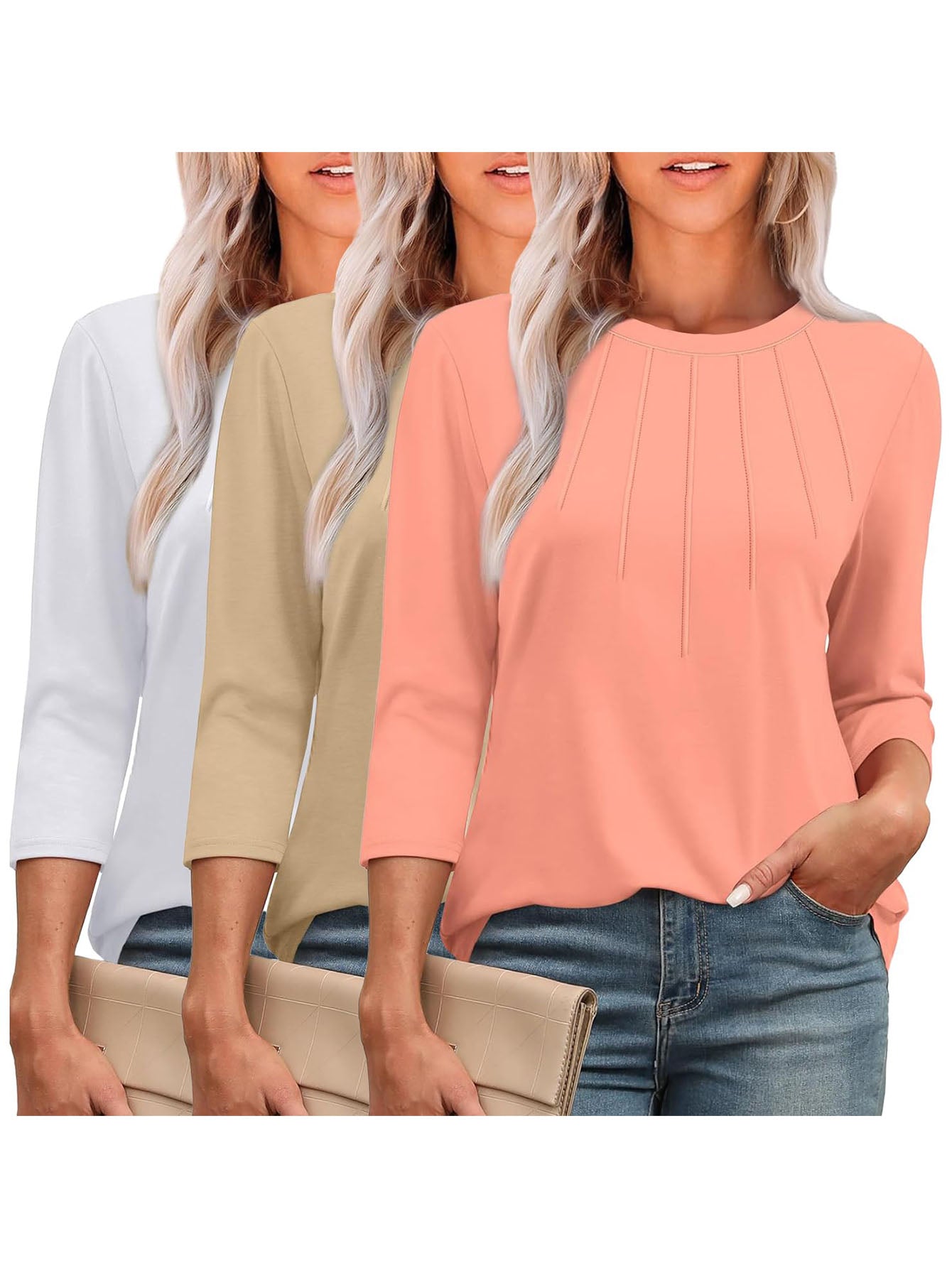 3 Pack-White + Apricot + Coral-3/4 Long Sleeve Women's Casual Spring Summer Autumn Tops