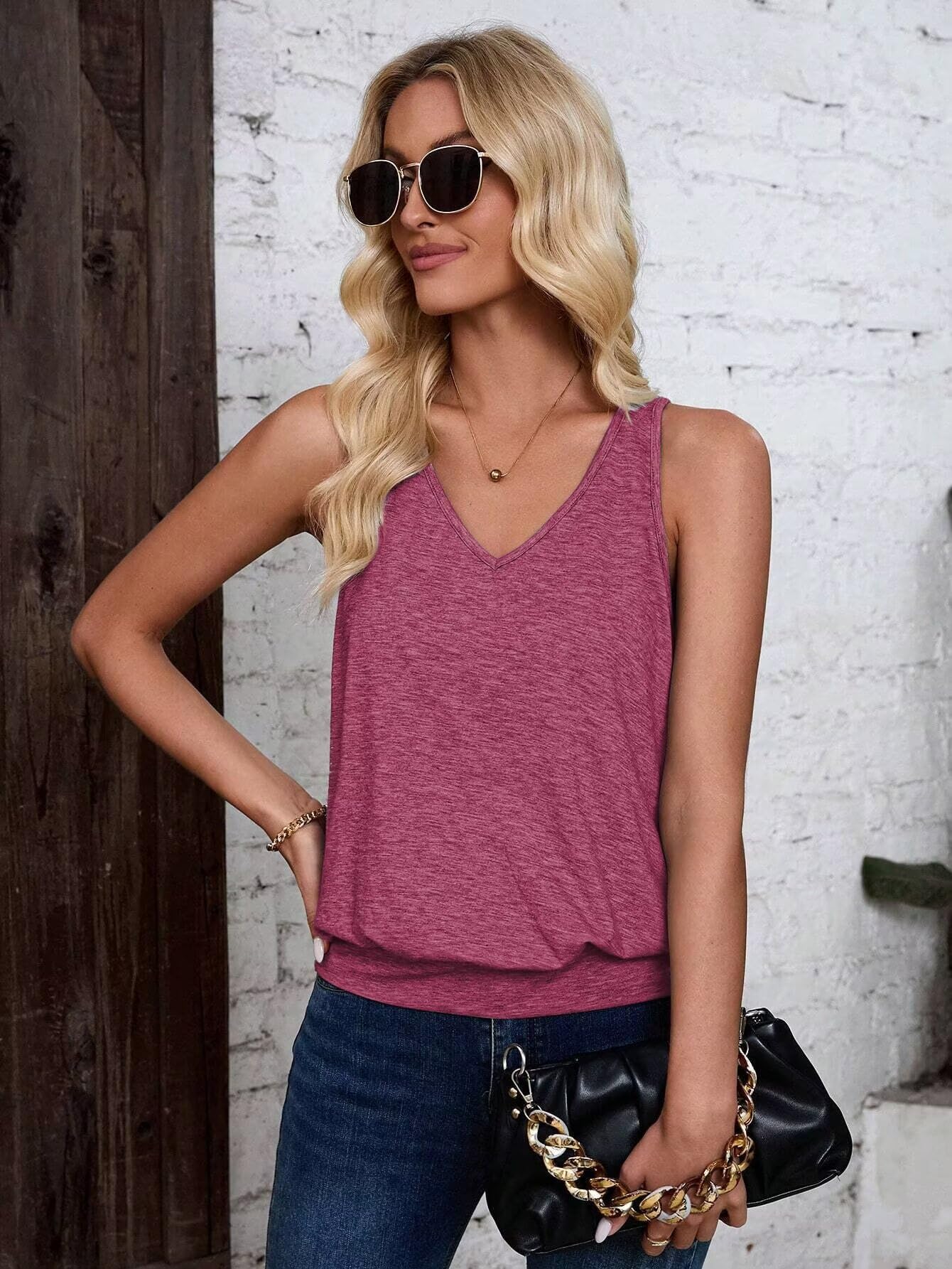 Wine Red-Women's Vest Casual V Neck Sleeveless Fashion Loose Camisole